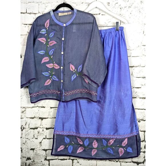 VINTAGE ANU Cottage Coastal Embroidered Silk Maxi/Midi Skirt & Top Set Large - Picture 1 of 12